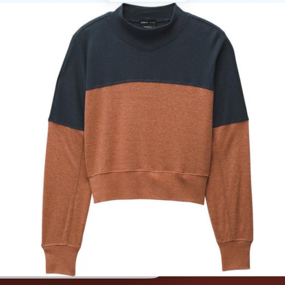 Prana Cozy Up Mock Neck Colorblock Terracotta and Dark Blue